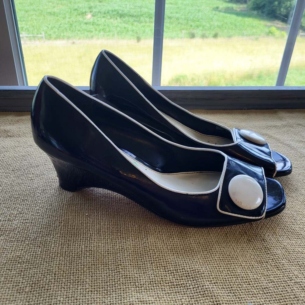 Etienne Aigner Acton Black Patent Peep Toe Wedge Heels Size 7.5M